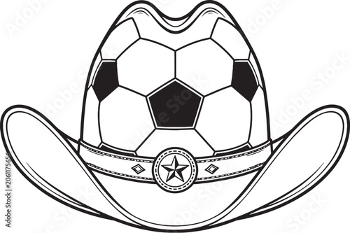 Texas Cowboy Hat Soccer Ball Vector Illustration Black and White Sports Tourism Emblem