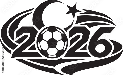Turkey 2026 Soccer Ribbon Emblem Celestial Geometry Black and White Vector Illustration