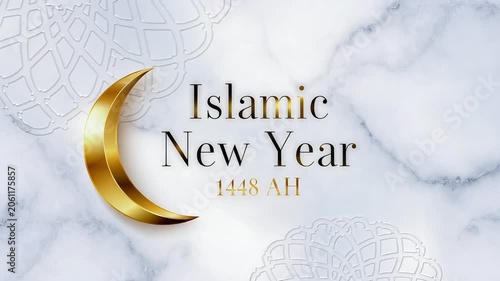 Islamic New Year 1448 AH Golden Crescent with Geometric Patterns Highlighting Hijri Calendar Celebration and Faith