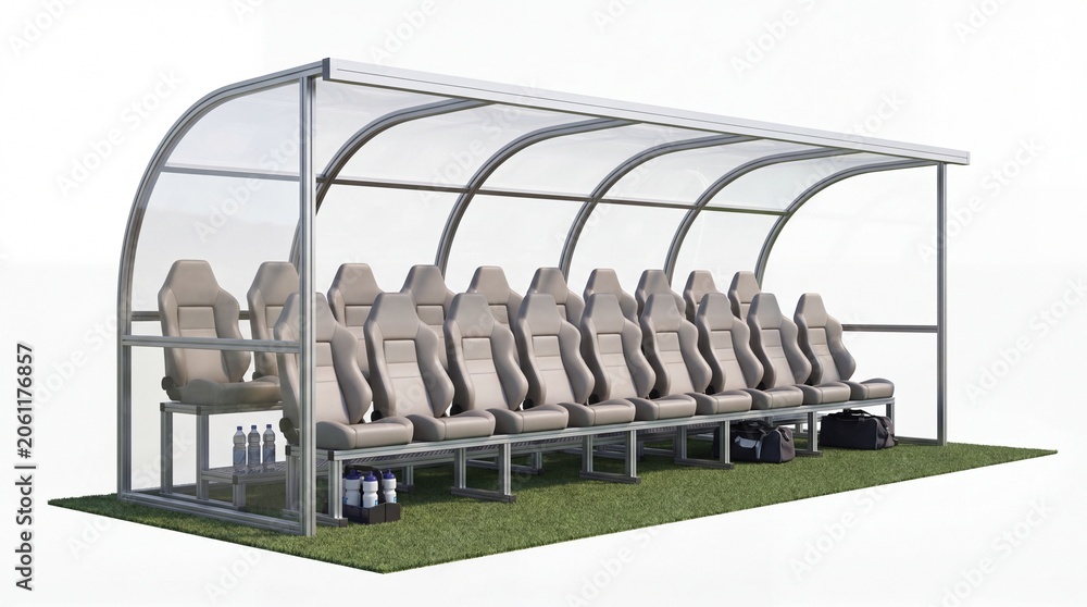 Fototapeta premium Empty soccer team dugout with bench seating under clear canopy on green field
