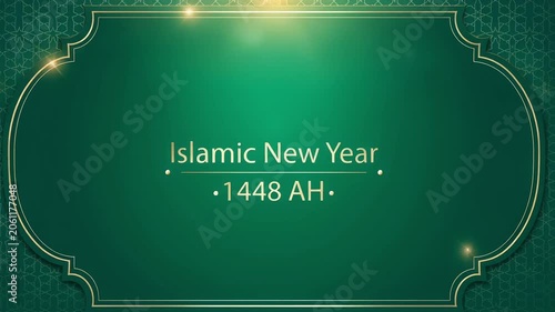 Islamic New Year 1448 AH Elegant Green Background with Golden Borders Highlighting Hijri Calendar Celebration