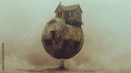Surreal house balanced on a weathered spherical structure. AI-generated.