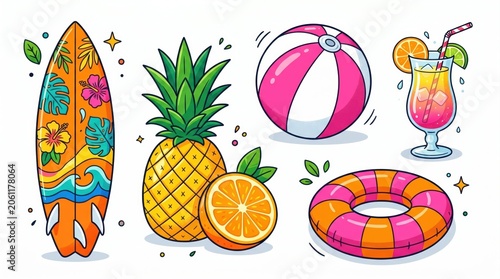 Summer vacation elements illustration with surfboard