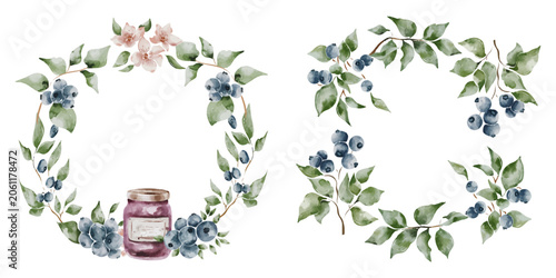 Watercolor Blueberry Wreaths and Floral Frames Collection