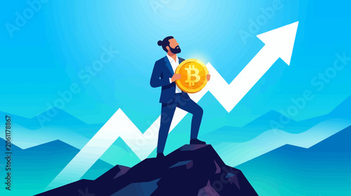 Successful Crypto Investor holding Bitcoin coin on mountain peak with rising arrow graph, ideal for financial blogs and cryptocurrency trading platforms.