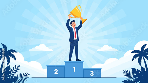 Successful Businessman Champion holding gold trophy on first place podium with sunburst background, ideal for corporate achievement, business competition, and leadership success concepts.