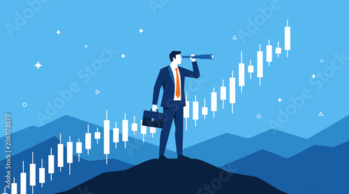 Strategic Vision for Financial Growth Businessman looking through telescope at rising candlestick chart over blue mountains ideal for stock market analysis and investment planning.