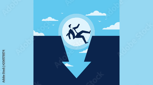 Business Failure Concept featuring a businessman falling into a deep gap shaped like a downward arrow against a blue sky, ideal for financial crisis reports and risk management.