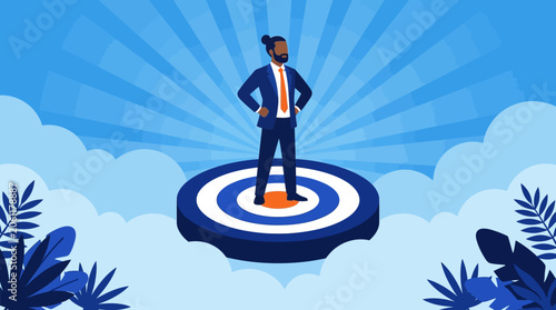 Successful Businessman Achievement black professional standing on a target platform above clouds with sunburst background ideal for corporate goal setting and leadership concepts.