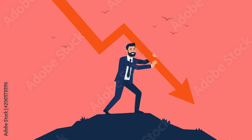 Economic Crisis Struggle featuring a businessman pushing against a falling red downward arrow on a hill, ideal for financial news and market crash analysis.