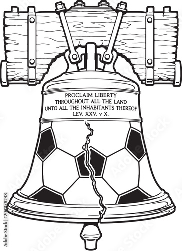 Liberty Bell Soccer Ball Vector Illustration Black and White Philadelphia Sports Tourism Emblem