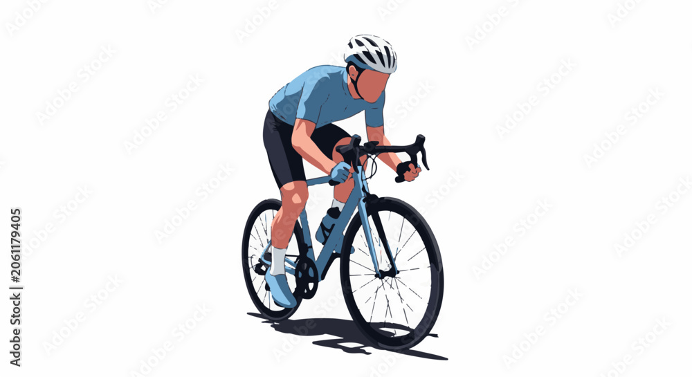 Naklejka premium A cyclist wearing a blue jersey and black shorts rides a blue bicycle