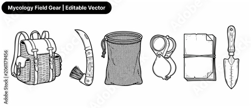 Schilderij op canvas Mushroom foraging gear vector set containing backpack, knife, mesh bag, magnifying glass, notebook, and trowel tools for mycology field research and mushroom hunting outdoor equipment illustrations