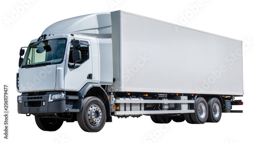 Vászonkép White semi-trailer truck with cargo box, isolated on transparent background