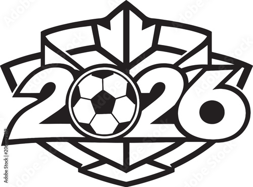 Canada Inspired 2026 Soccer Celebration Emblem with Soccer Ball and Ribbon Geometry
