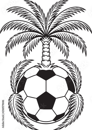 California Palm Tree Soccer Ball Black and White Vector Line Art Illustration