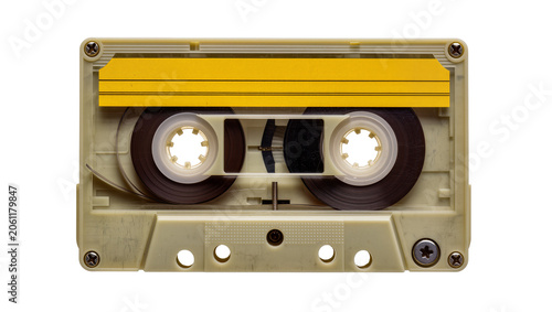 Foto Vintage beige cassette tape with yellow label, isolated on transparent backgroun
