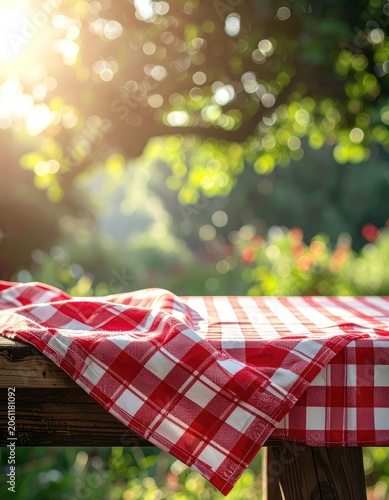 A picnic table draped with a red and white checkered tablecloth in sunlight.