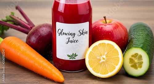 Fresh red vegetable juice bottle with healthy raw ingredients illustration