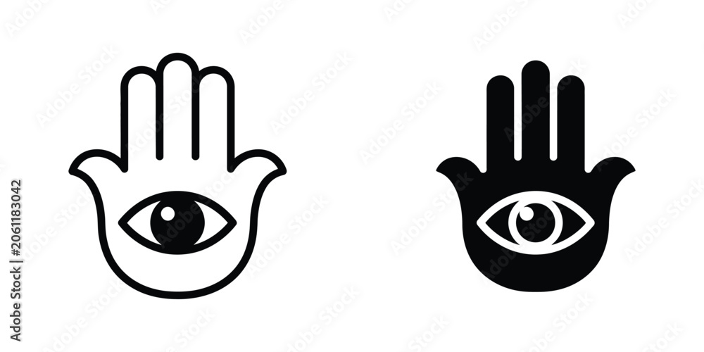 Fototapeta premium Hamsa Hand with Evil Eye Symbol Set in Black and White Minimalist Vector Style