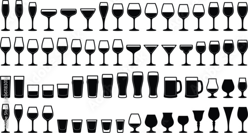 Obraz na płótnie Glassware Silhouette Icon Set with Varied Wine Champagne Beer Cocktail and Shot