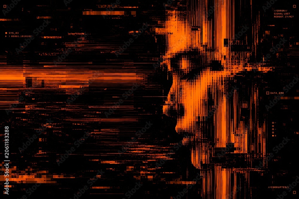 Naklejka premium Abstract Halloween glitch art face profile, spooky digital distortion cyber horror concept generative AI