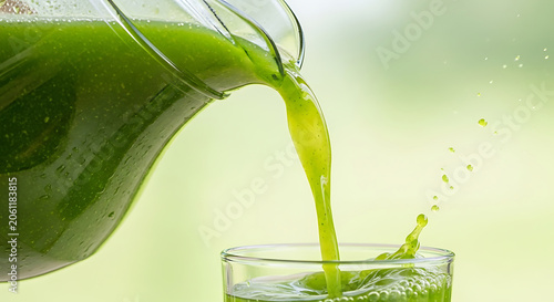 Fresh green juice being poured slowly.