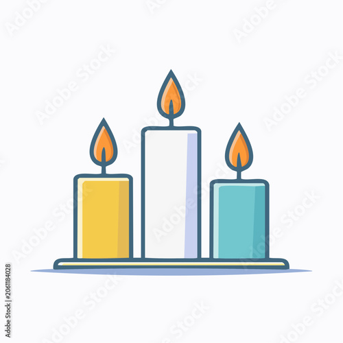 Three lit candles on a white background