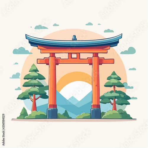 Traditional Japanese Torii Gate with Mountain Landscape