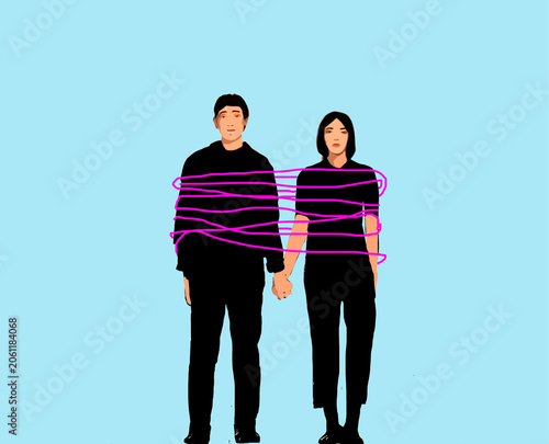 Concept illustration of a couple holding hands tied up together