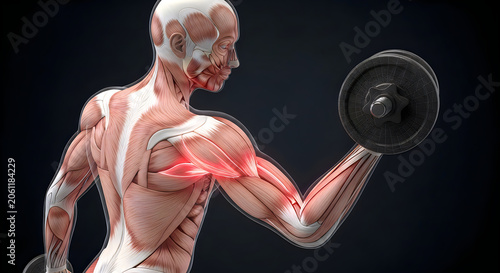 Detailed anatomical illustration of human muscular system highlights biceps activation during dumbbell curl.