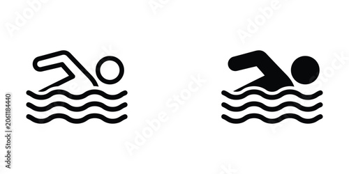 Swimming pool and water sports icon set featuring outline and solid black swimmer symbols