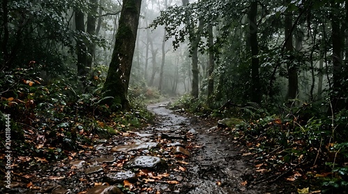 Mysterious dark forest path with fog and colorful fallen autumn leaves on the ground