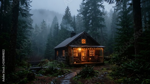 Small cozy wooden cabin with glowing warm lights in a dark misty forest at night