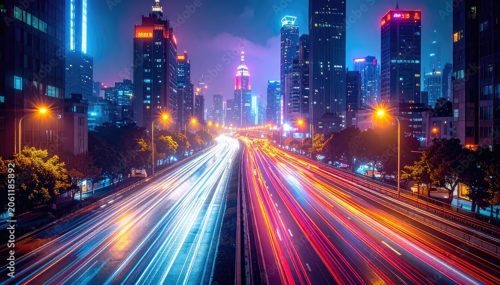 Naklejka premium A vibrant cityscape at night with light trails from traffic on a multi-lane highway.