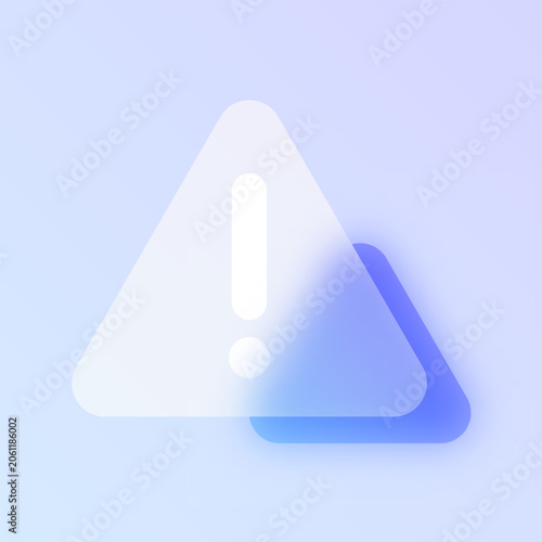 Warning alert triangle glassmorphism icon. Blue frosted glass vector pictogram with exclamation for caution UI, web design concept.