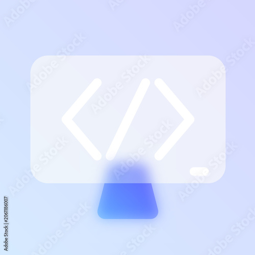 Code developer glassmorphism icon. Blue frosted glass vector pictogram with angle brackets on screen for programming UI, web design concept.