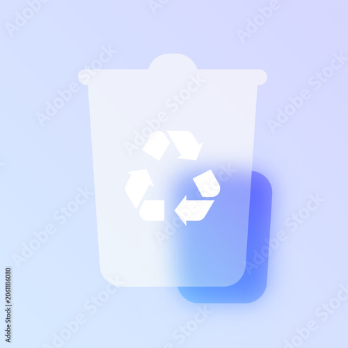 Trash recycle bin glassmorphism icon. Blue frosted glass vector pictogram with recycling symbol for delete UI, web design concept.