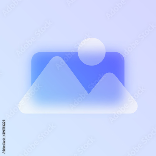 Image photo gallery glassmorphism icon. Blue frosted glass vector pictogram with landscape and sun for media UI, web design concept.