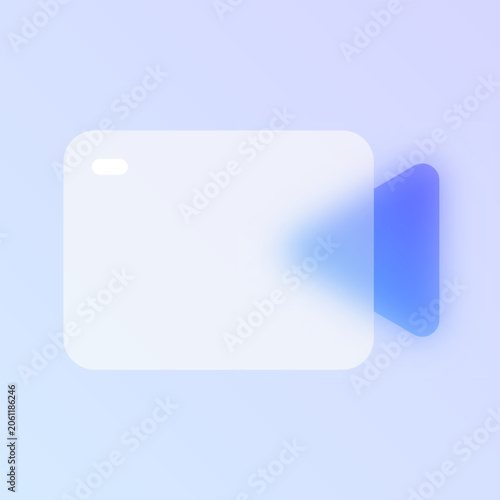 Camera video call glassmorphism icon. Blue frosted glass vector pictogram with camcorder for recording UI, web design concept.