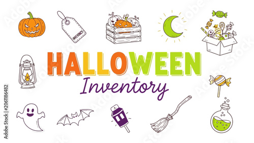 Obraz na płótnie Halloween Inventory Icons: A charming collection of hand-drawn icons and bold typography announces Halloween Inventory, featuring festive symbols like a pumpkin, ghost, bat, and potion