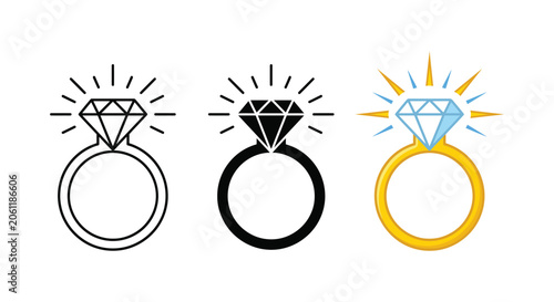 Bild auf Leinwand Diamond ring icon set representing engagement and fashion jewelry in outline, so