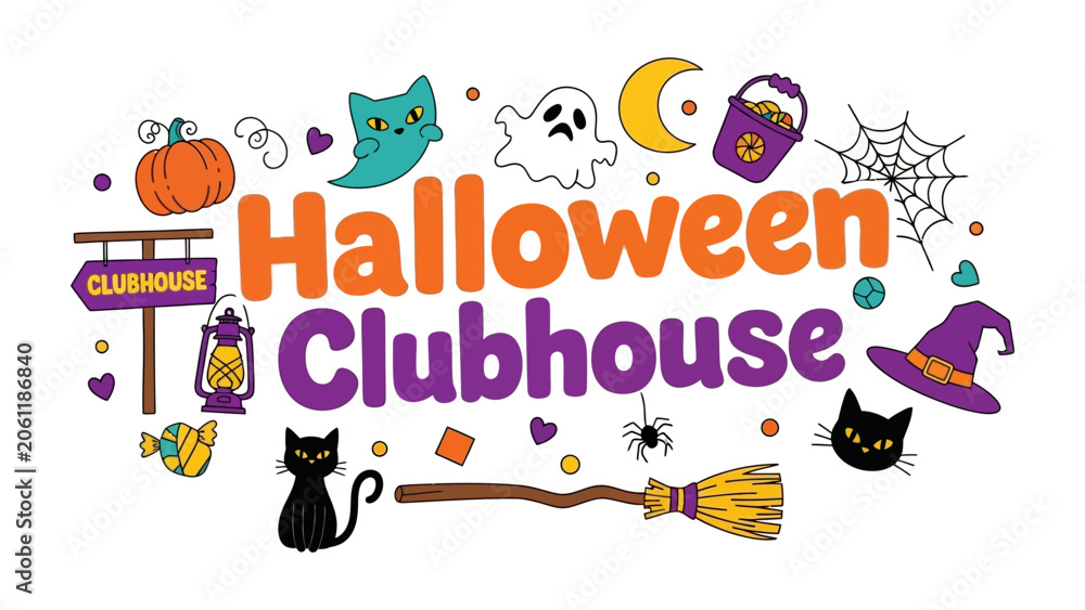 Naklejka premium Halloween Clubhouse Decorations: A whimsical collection of colorful Halloween icons, including a pumpkin, ghost, witch hat, broom, black cat, and candy bucket.