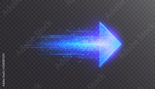 Photos Blue glowing speed arrow with bright energy trail, motion particles and futuristic light effect