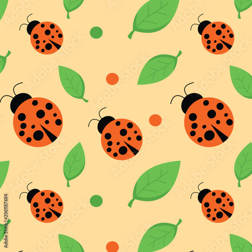 Cute Ladybugs and Leaves Seamless Pattern