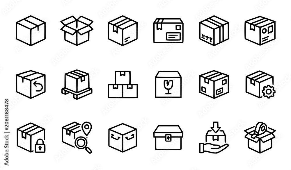 Fototapeta premium Logistics and packaging icons set black and white line art