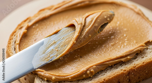 Peanut butter spread on bread slice.