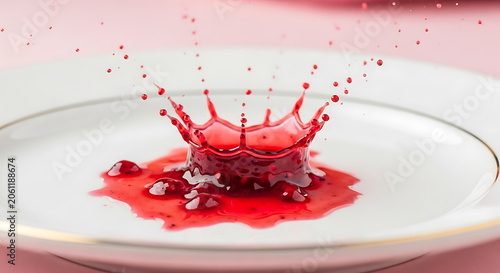 Red liquid splashing on white plate.