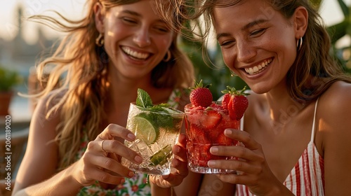 National Daiquiri Day: two beautiful young women best friends laughing and clinking daiquiri cocktail glasses at a luxury rooftop bar during golden hour, genuine joyful emotion