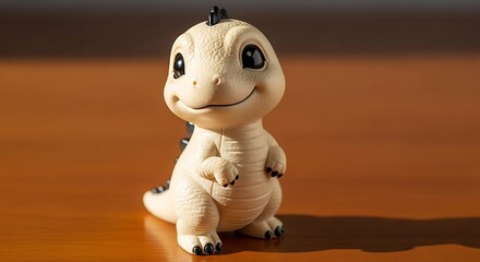 Cute small white dinosaur toy figurine with blue spots sitting on wooden surface